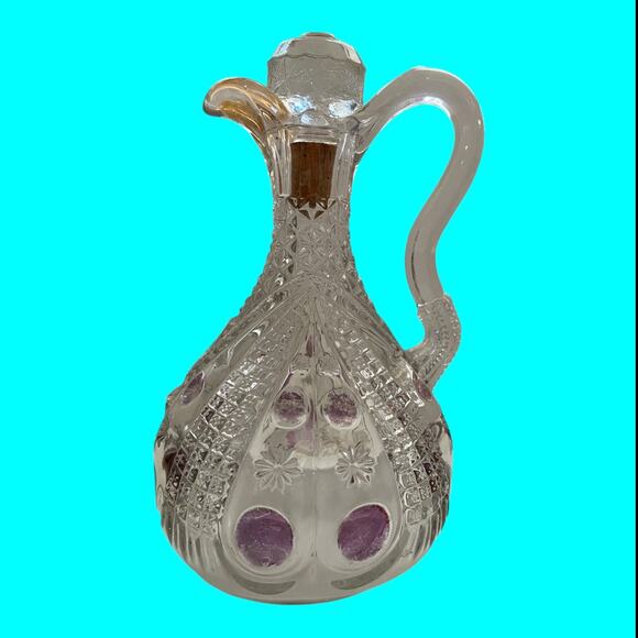 Vtg EAPG Glass Vinegar-Oil Cruet, Stopper Cranberry Flash Pitcher Dimple & Star - Picture 2 of 16